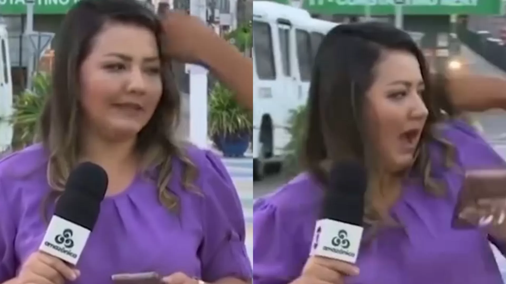 Repórter da afiliada da Globo é atingida ao vivo (Foto: Reprodução/ Rede Amazônica)