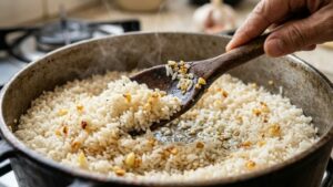 Como refogar o arroz para que não fique empapado e grudento (Foto: IA)