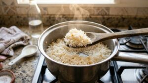 Colocar uma colher de vinagre ainda no preparo do arroz (Foto: IA)