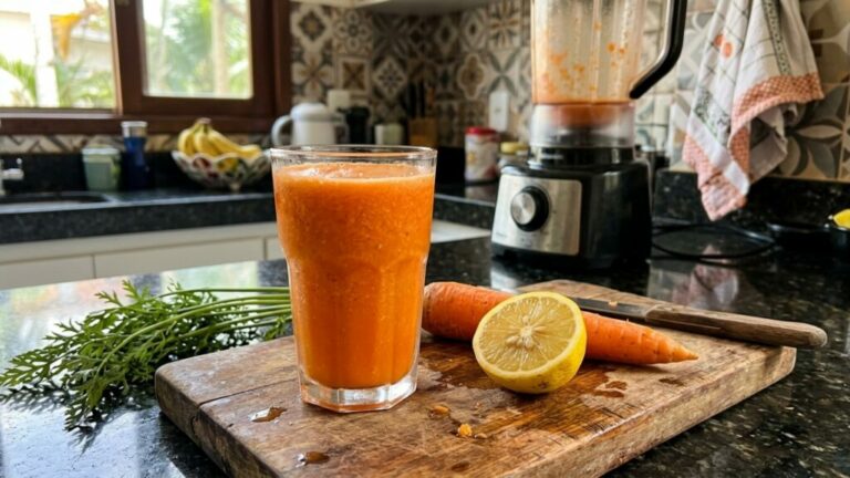 Suco de cenoura e limão no liquidificador (Foto: IA)