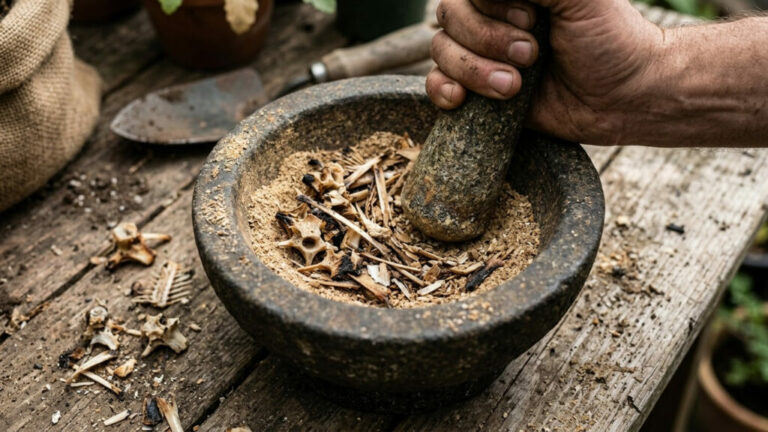 Misturar pó de osso de peixe assado na terra é adubo orgânico rico em cálcio e fósforo (Foto: IA)
